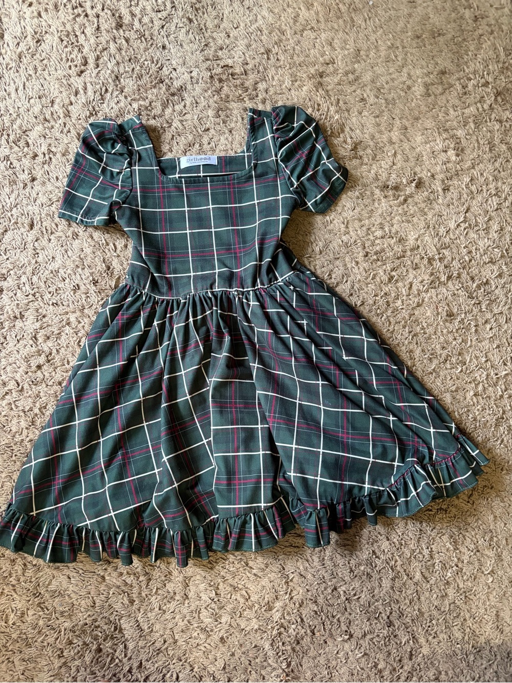 Plaid Green Puff-Sleeve Girls' Dress with Ruffle Hem